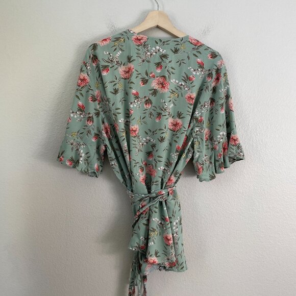 Loft Womens Plus 24 Floral Wrap Top Green Pink Short Sleeve Blouse Shirt - Picture 8 of 10